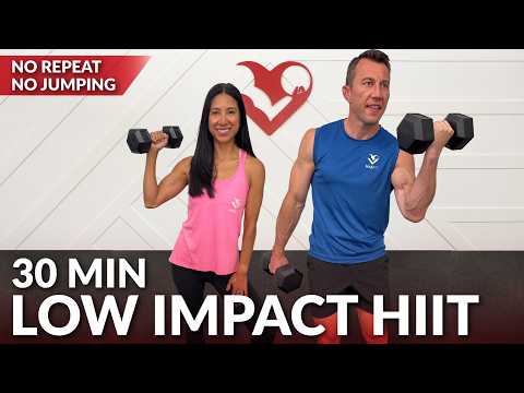 30 Min Low Impact HIIT Workout with Weights – No Jumping, No Repeat, Standing, Dumbbells, Beginners