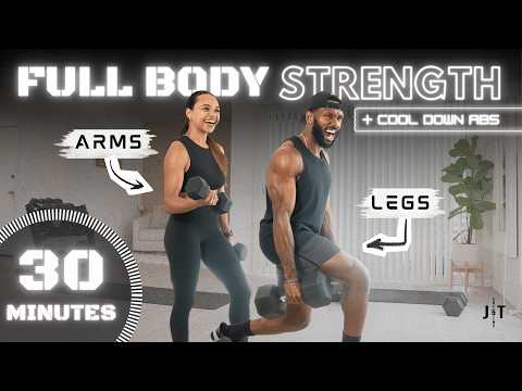 30 Minute Full Body Dumbbell Heavy Strength Workout [+ Cool Down Abs]