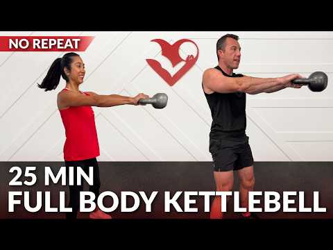 25 Min Full Body Kettlebell Workout - No Repeat HIIT Kettlebell Workout for Women & Men Fat Loss