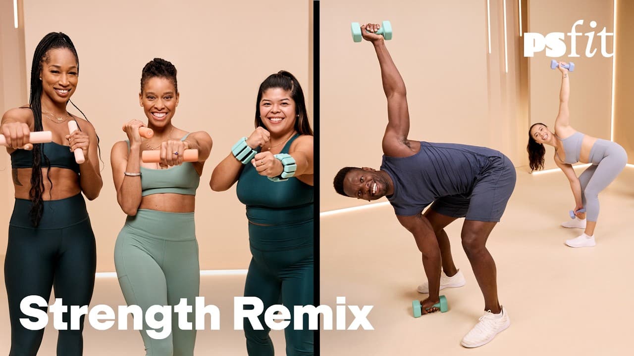 Remix de fuerza y cardio de 50 minutos con mancuernas